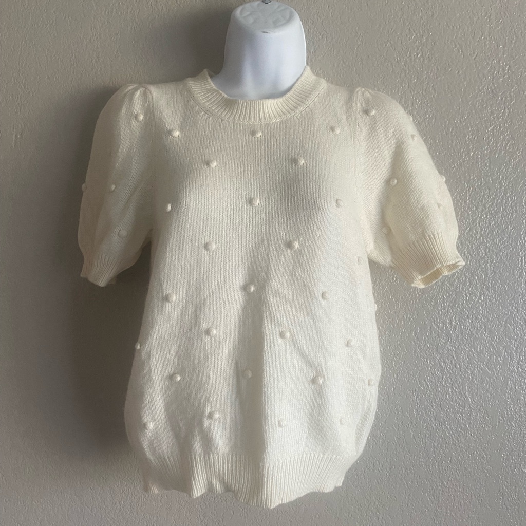 Anthropologie Off White Short Sleeve Wool Pom Sweater M